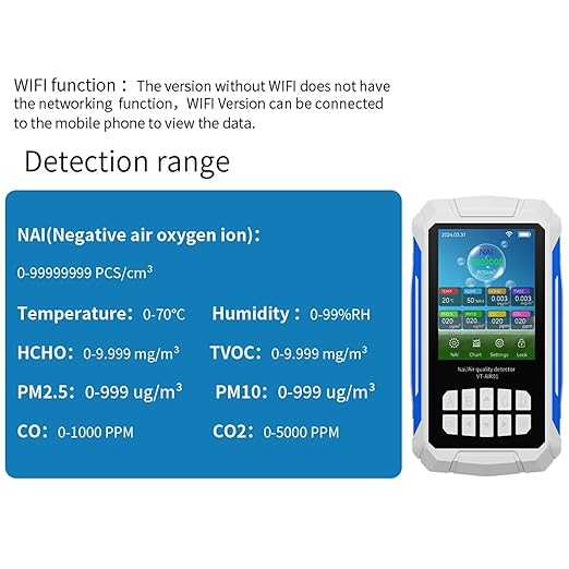 Air Quality Detector Ionizer Meter Alarm Function Portable Air Tester with Negative Ion Concentration Temperature Humidity VOC PM2.5 PM10 CO CO2 for Home Car Office (White)