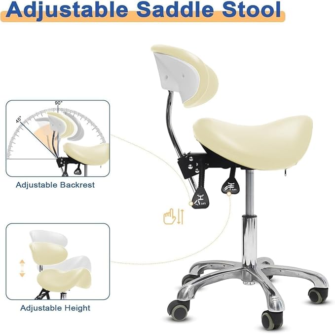 Saddle Stool with Wheels,3-Way Function Rolling Stool with Back Support,Ergonomic Stool Saddle Stool for Hair Stylist for Dentist Salon Tattoo