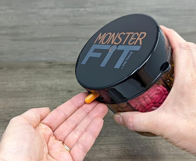 Monster & Monster Jr Supplement Medication Pill Dispensers 2 Pack with Labels, Extra Large and Small Pill Container Bottles Handle Almost Any Supplement, Easy to Dispense (Monster & Monster Jr.)