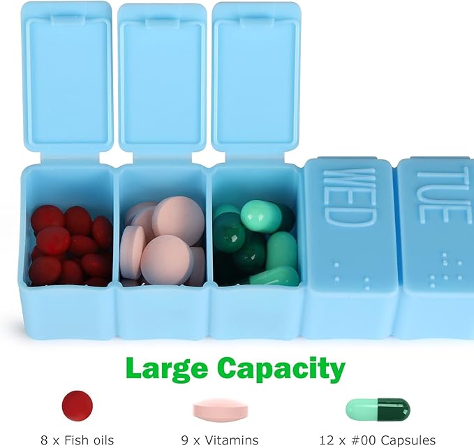 2Pack Weekly Pill Organizer,7 Days Pill Cases Travel Daily Pill Box Medicine Organizer Pill Box 7 Day Pill Organizer Weekly for Fish Oil, Calcium Tablets Supplements and Other Vitamin Pill (Pink+Blue)