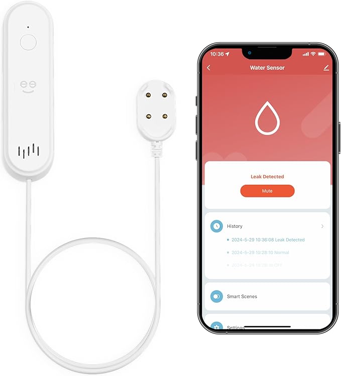 Geeni Smart Water Alarm Leak Detector with Siren - 80dB Alarm with App Alerts for Monitoring Kitchen, Bathroom, Basement Flood, Battery-Powered WiFi Moisture Sensor Alexa, Google Home Compatible