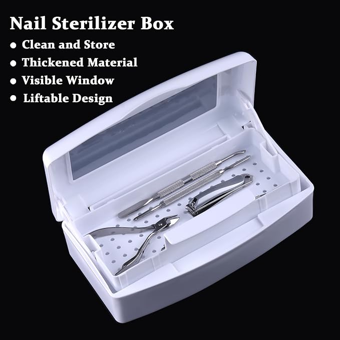 Nail Tool Sterilizer Box Plastic Disinfectant Container for Nail Art Accessories Tools, Sterilizer Soaking Box with Strainer Pedicure Manicure Cleaning Equipment, White