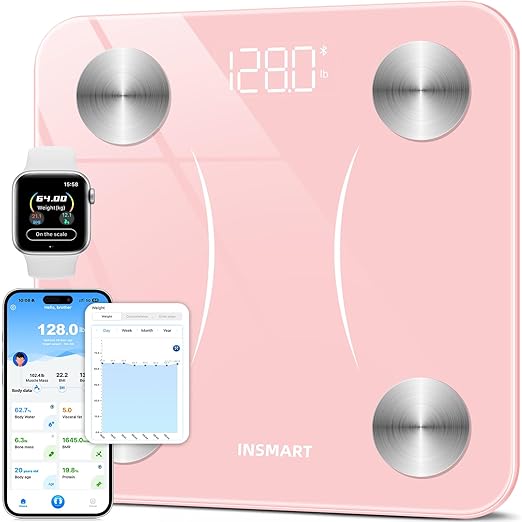 INSMART Smart Scale for Body Weight, Digital Bathroom Scale with BMI, Muscle Mass, Bluetooth Body Fat Scale,17 Body Composition Analyzer with Smart APP Sync Weight Scale, 400 lbs - Pink