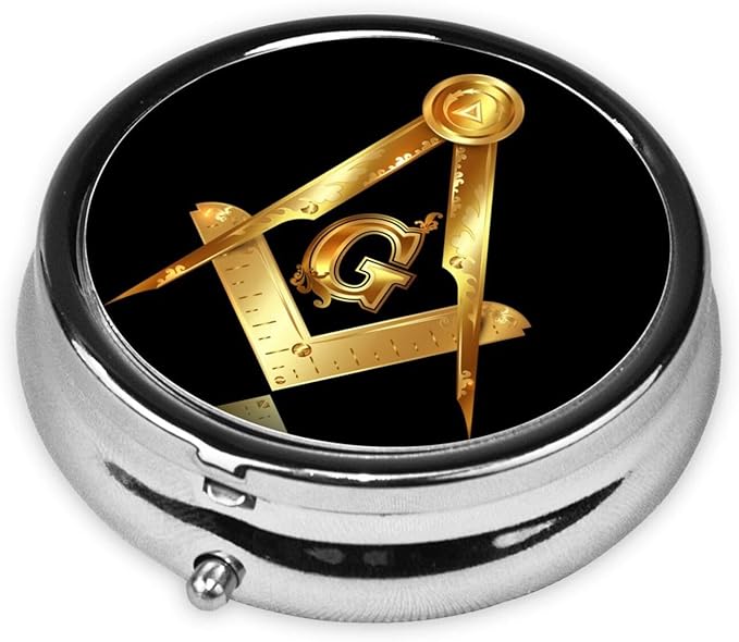 Travel Pill Organizer Large Portable Gold Freemason Freemasonry Masonic, 3 Compartment Round Pill Box with Mirror, Travel Case Pill Holder for Vitamin Medicine