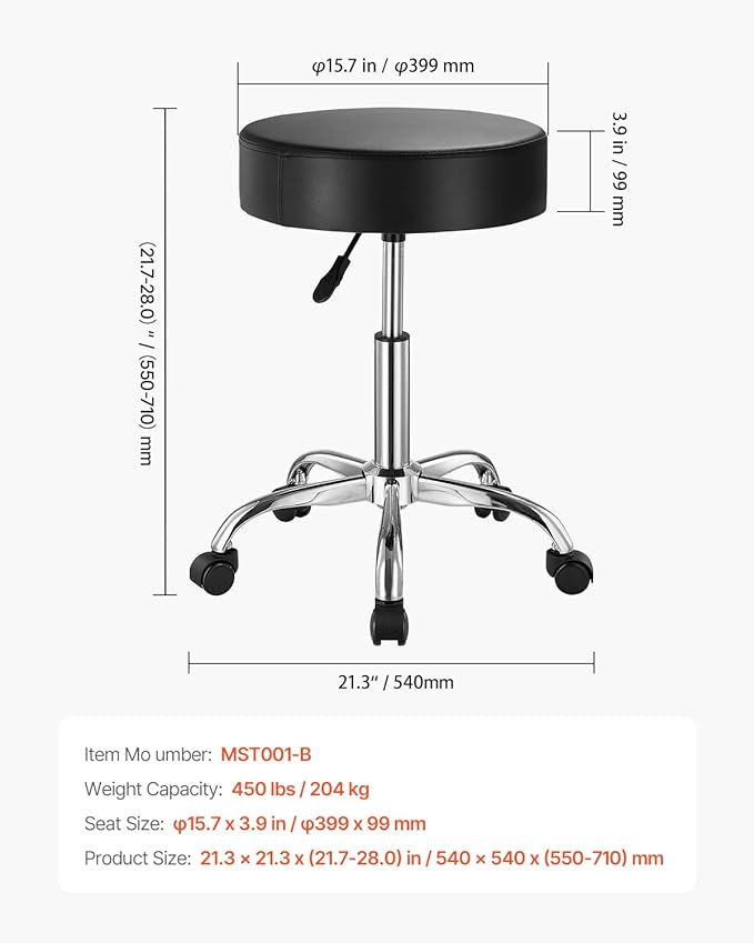 VEVOR Rolling Stool with Wheels, 450 LBS Weight Capacity Round Rolling Stool Chair, Height Adjustable Thickened PU Leather Swivel Stool for Salon, Spa, Massage, Tattoo, Clinic, Black