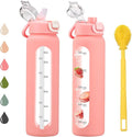 32 oz Glass Water Bottles with 2 Lids-Handle Spout Lid & Straw Lid, 1 Liter Motivational Borosilicate Water Bottle with Time Marker and Silicone Sleeve,Leakproof-Pink-1 Pack