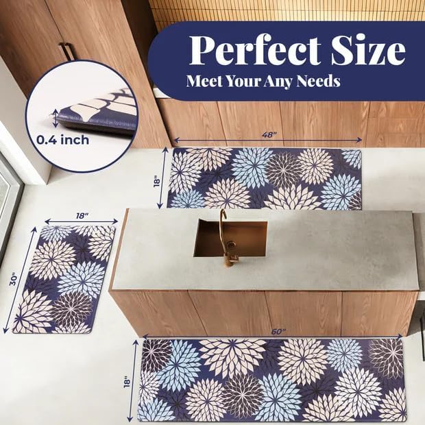 PVC Anti-Fatigue Kitchen Mats Set of 3, Non-Slip Kitchen Rugs, Comfort Standing Runner Rug, Multipurpose Indoor Mats for Laundry, Office, Bedroom, Sink, Bathroom, Dark Blue