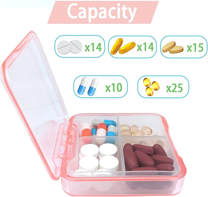 3PCS Pill Case for Pocket Travel Pill Organizer Small Pill Box Portable 4 Compartments Removable Medicine Organizer for Vitamin Fish Oil (3PCS)