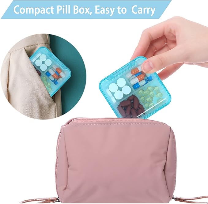 Pill Case for Pocket Travel Pill Organizer Small Pill Box Portable 4 Compartments Removable Medicine Organizer for Vitamin Fish Oil (Sky Blue)