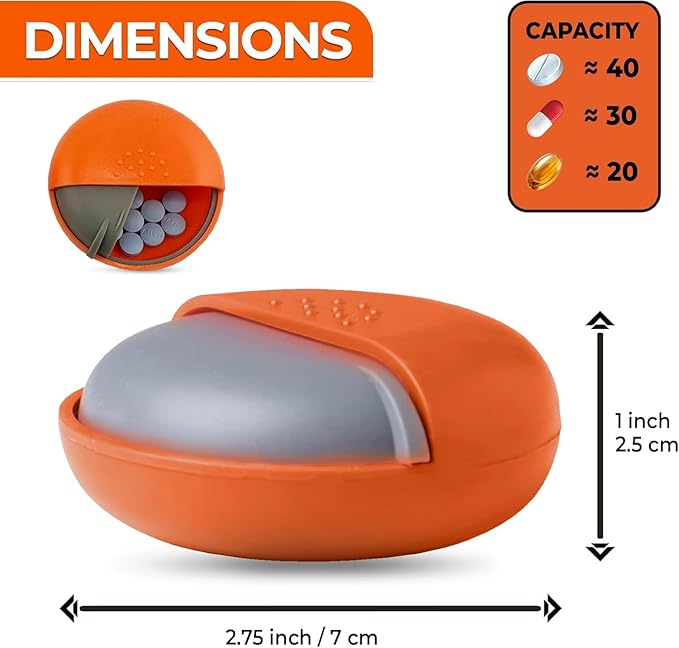 Round Travel Pill Organizer - Portable Small Pill Box for Purse - Compact, Leak-Proof Medicine Container for Pills, Vitamins, Fish Oil, Supplements - BPA-Free, Durable Design, 2.75" (Orange)