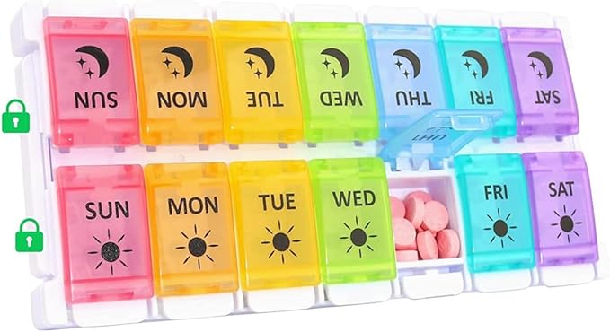 Extra Large Weekly AM/PM Pill Organizer with Spring Open Design,7-Day Medicine Box with Push Button, Pill Planner with Rainbow Colores lids,Portable Pill Case and Large Compartment for Travel.
