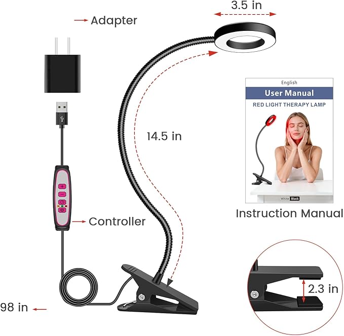 Red Light Therapy for Face and Body Use, 660nm Red and 850nm Near Infrared Red Light Therapy Lamp with Clip and Angle Adjustable, Small and Portable, Suitable for Home or Travel Use, Black