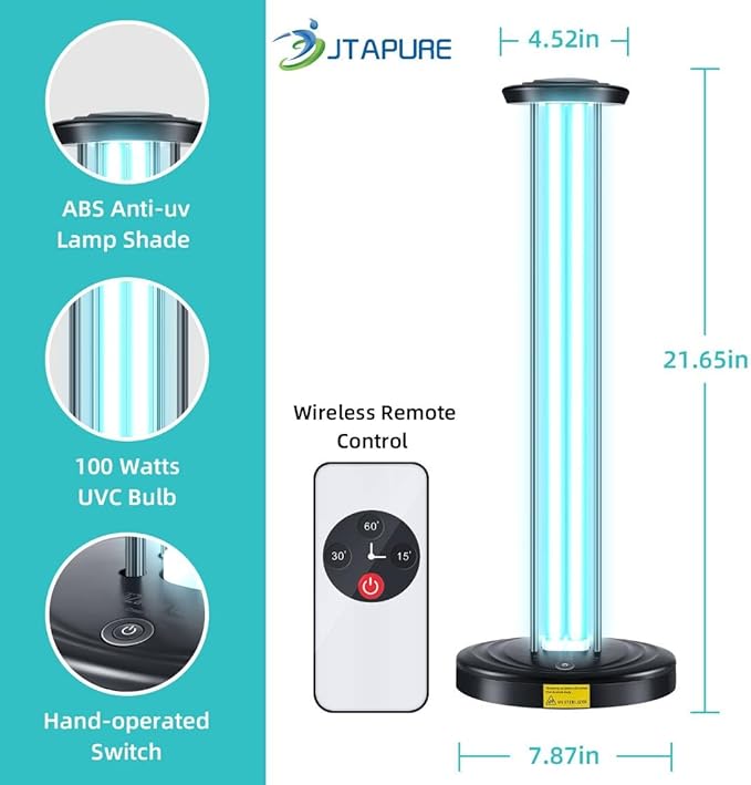 100W UV Light with Ozone, 3-Gear Timer & Remote Control, Home Purification Device, Dust Mite & Mold Eliminator, Bed Bug Remover for Bathroom, Bedroom, Basement