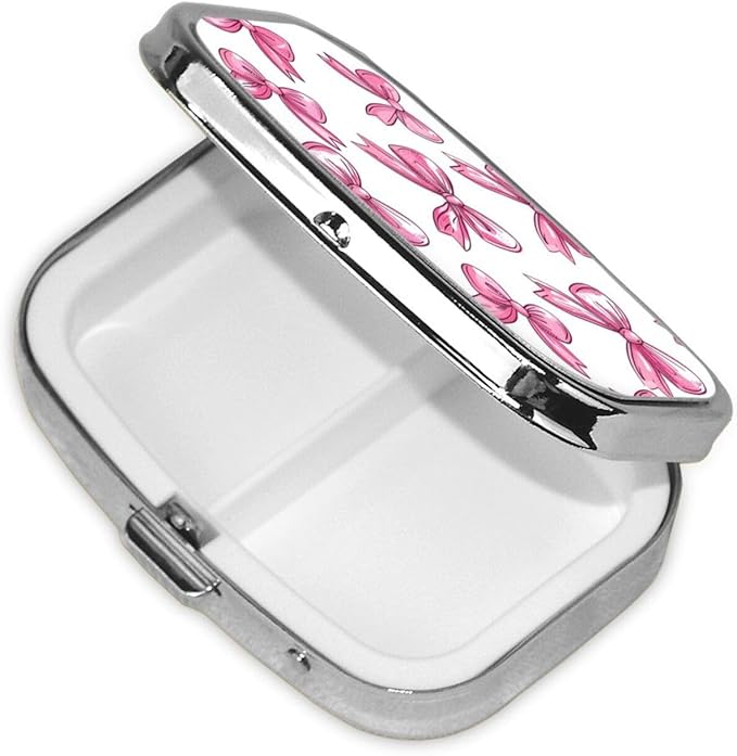 Funny Bow Pill Box with Mirror 2 Compartment Metal Square Small Pill Case for Purse or Pocket Portable Pill Container Holder Travel Medicine Organizer for Vitamin Fish Oil Supplement