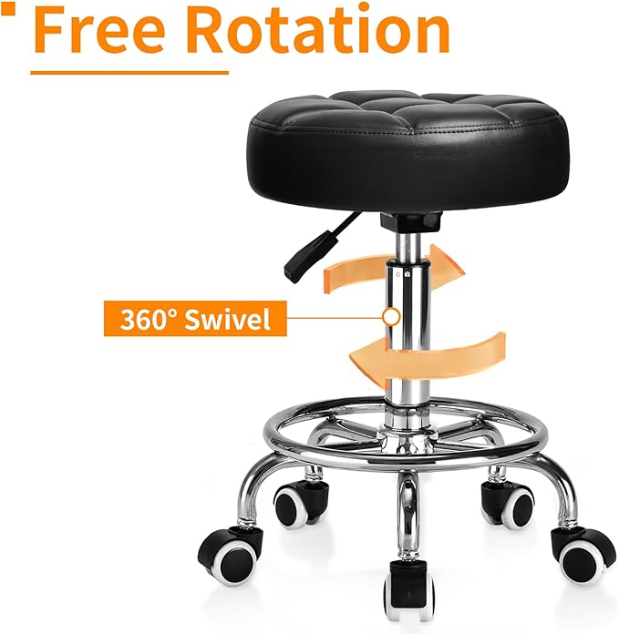 Rolling Stool PU Leather Round - Ultra Soft Padded Seat Cushion Stool with Wheels with Footrest, Weight Capacity 300lb,Adjustable Height Stool for Tattoo Massage Salon Medical Spa Center (Jet Black)