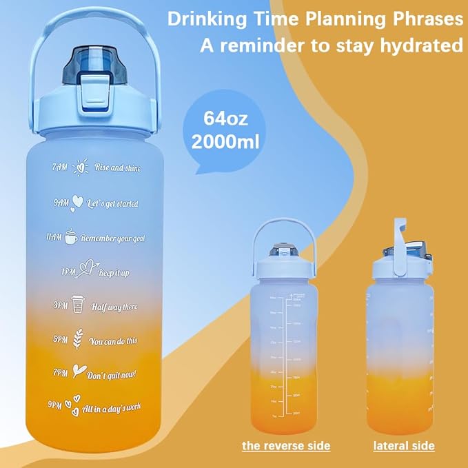 64 oz Large Capacity Water Bottle with Motivational Time Markers and Straw, Portable, Leakproof, BPA Free for Fitness, Gym and Outdoor Sports. (blue gradient)