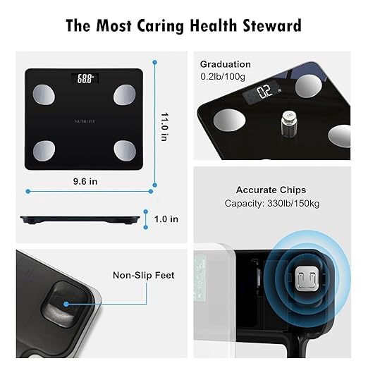 NUTRI FIT Scale for Body Weight Digital Bathroom Smart Scale with Bluetooth for BMI, Body Fat, Muscle Mass, 20 Body Composition Analyzer Health Monitor Sync Apps 330lbs, Batteries Included