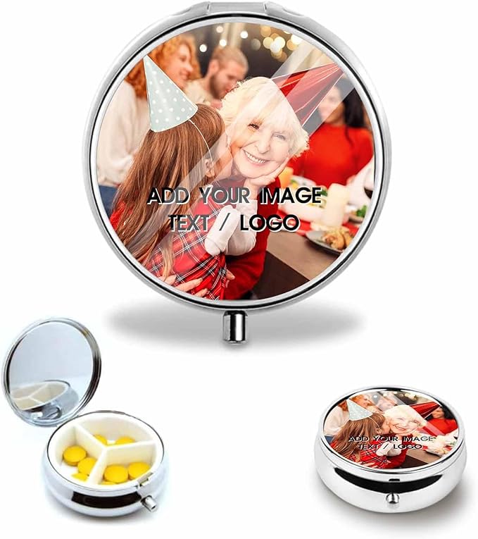 Custom 3 Compartment Pill Box, Personalize It to Add Any of Your Text and Images, Portable Pill Box Storage for Travel, Pocket Or Purse Pill Box Decorative Metal Medication Vitamin Organizer