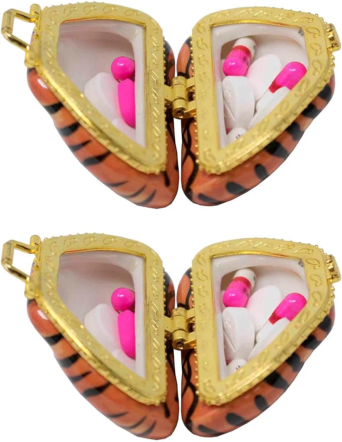 Set of 2 Ceramic Purse-Shaped Compact Pill Box & Organizer (Tiger)