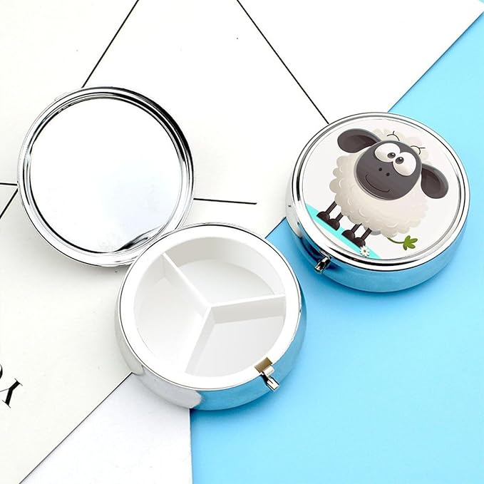 Sheep Pill Box Travel Pill Case for Purse Pocket Weekly Medicine Organizer with Mirror 3 Compartment Round Medicine Case Portable PillcaseHolder for Daily
