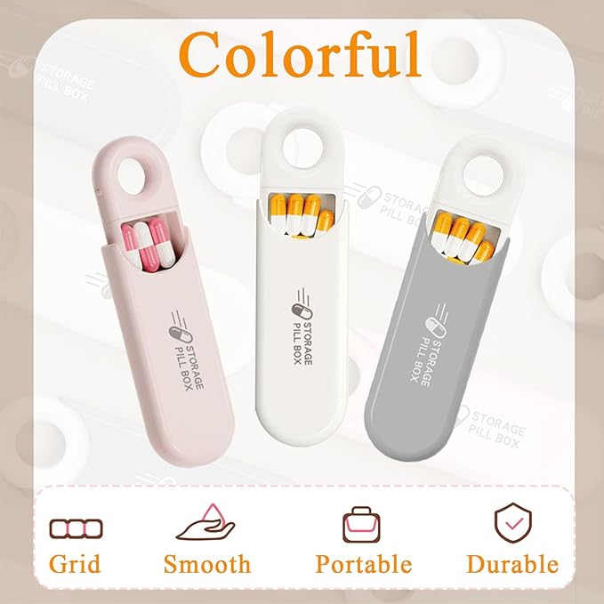 Cute Pill Organizer, Small Size Pill Case with Pull Tab, 3 Compartment Compact Portable Daily Medicine Box for Vitamins, Medications, Fish Oils, Supplements, Capsules, Gray