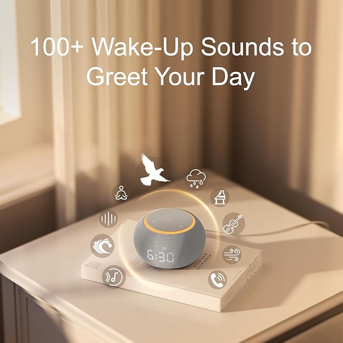 Hotmoon Alarm Clock with Sound Machine for Sleep, Luna Pro Dual-Stage Alarm, 507 Relaxing Sounds, Smart Night Light & Timer, Pink Green Brown White Noise Machine for Sleeping, Plug in, Cool Gray