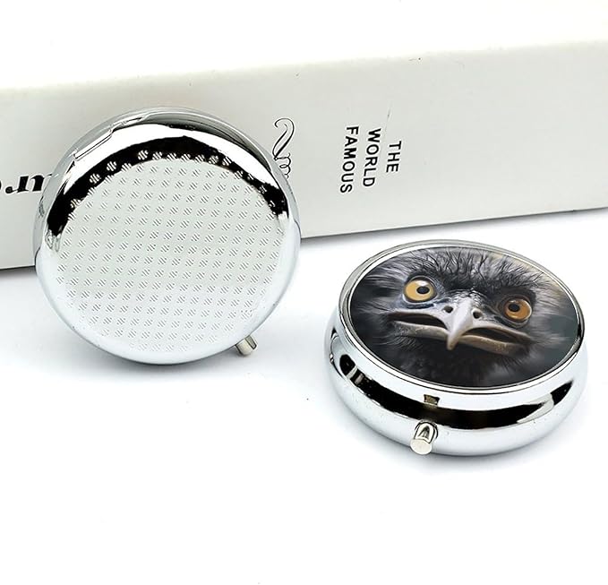 Emu Pill Box Travel Pill Case for Purse Pocket Weekly Medicine Organizer with Mirror 3 Compartment Round Medicine Case Portable PillcaseHolder for Daily