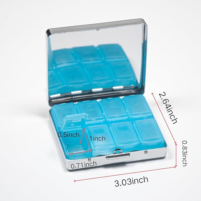 Silver Vintage Pill Box 7 day Metal Pill Box with Mirror and 8 Compartments Cute Travel Pill Organizer for Purse,Compact Portable Pill Organizer (Cute)