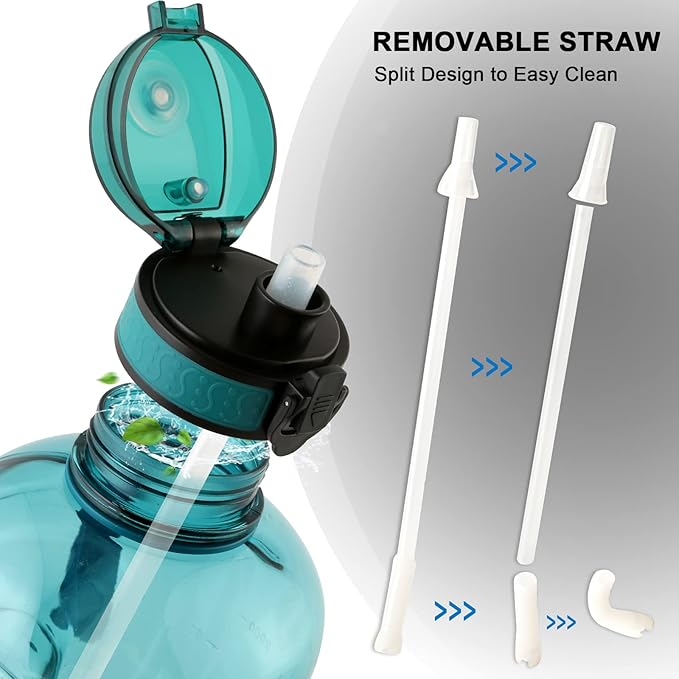 GEMFUL 3 Liter Water Bottle with Straw 101oz BPA-Free Leakproof Time Marker Handle for Gym Sports Large Motivational Jug for Men Women (Cyan with Removable Straw)