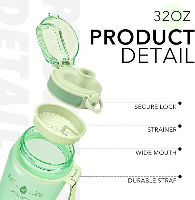 32oz Water Bottle with Time Marker, Motivational Drinking Bottle with Strap, BPA-Free Leak-Proof, Encouraging Water Bottle Time to Drink Water for Gym School Office Travel