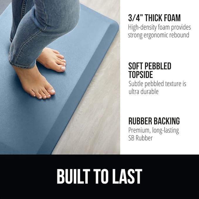 GORILLA GRIP Comfortable Cushioned Kitchen Mats for Floor, Waterproof and Stain Resistant Soft Top, 3/4 Inch Thick Ergonomic Standing Desk Anti Fatigue Mat, Foam Supports Ankles, Feet, 20x32, Sky Blue
