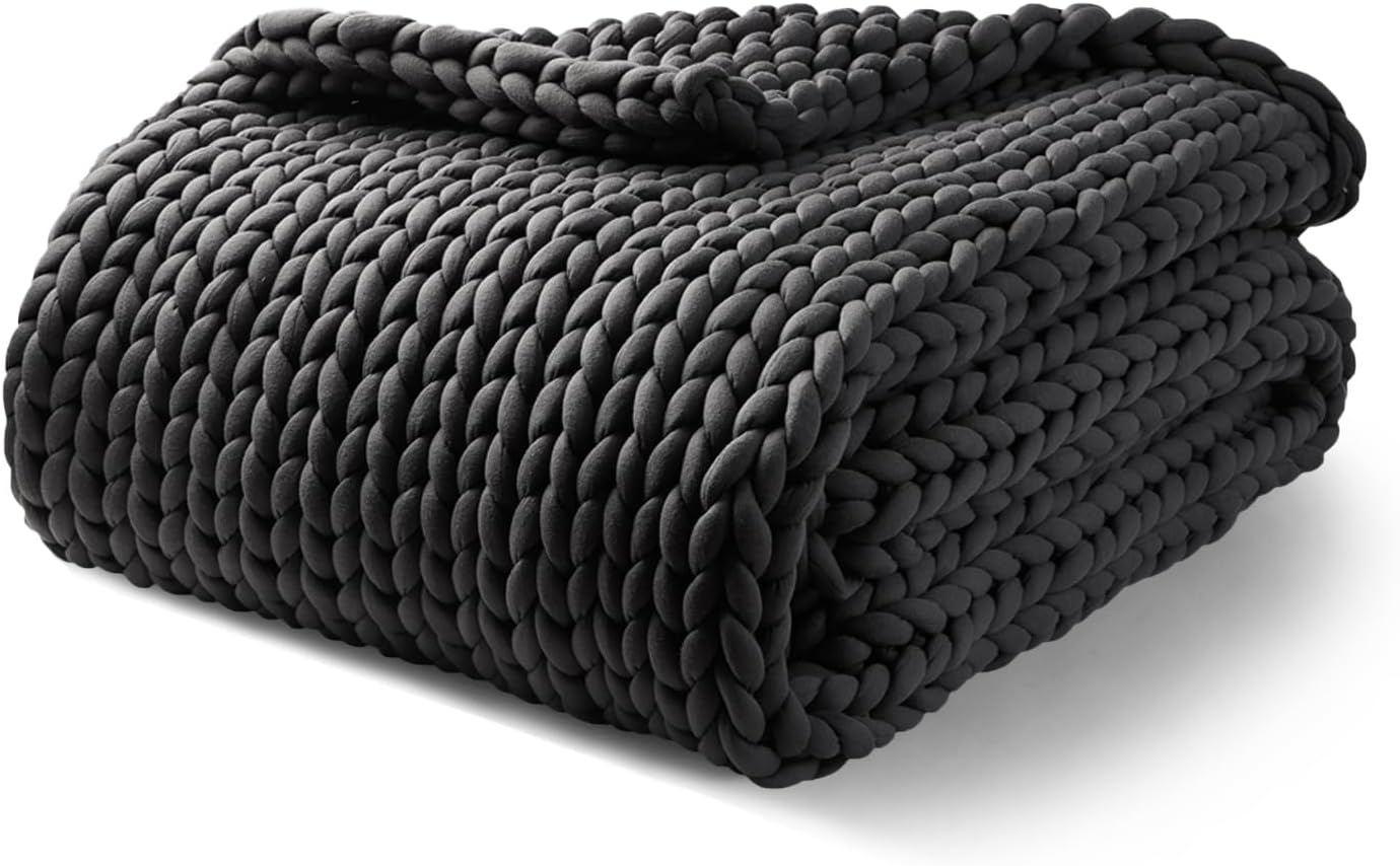 YnM Weighted Blanket, Handmade Chunky Yarn Knitted Design, Soft and Cozy, Temperature Regulating and Breathable, Machine Washable Throw for Sleep or Home Decor (Dark Grey, 80x87 Inch, 25lbs)
