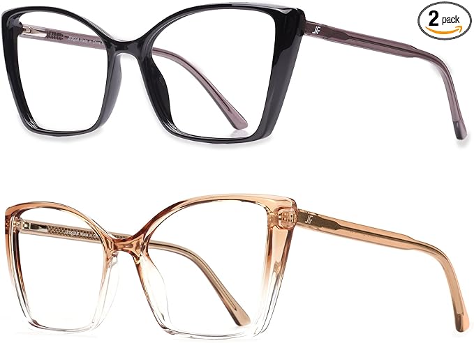 2 Pack Blue Light Blocking Glasses for Women, Oversized Trendy Cat Eye Computer Gaming Glasses Anti Glare & UV Glare RF6204 (Black + Clear Gradient Brown Cateye Frame)