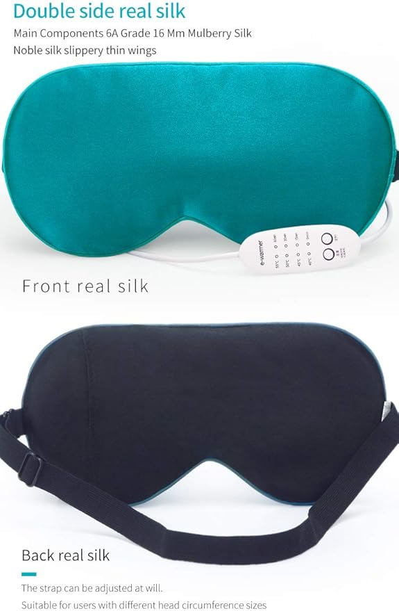 Real Silk Heated Eye Mask, Reusable USB Electric Soft Sleeping Mask with Temperature and Time Control, Comfortable Heating Steam Blindfold for Eyes Relax - Peacock Blue