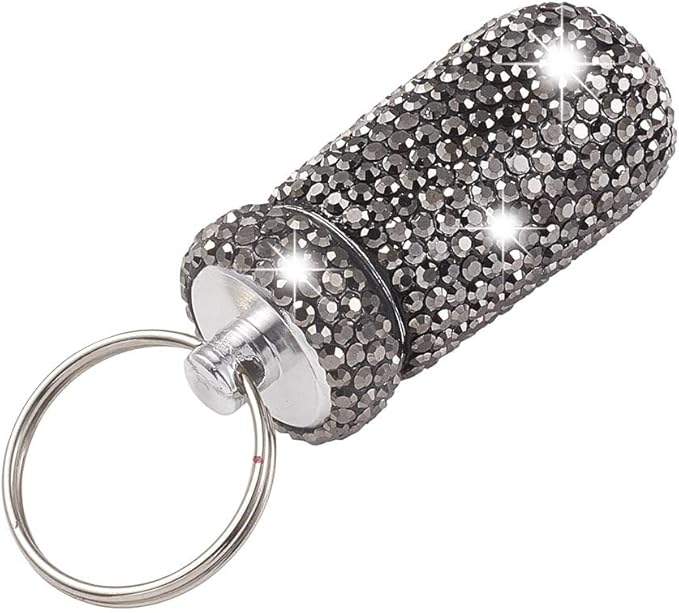 XhuangTech Waterproof Keychain Pill Box Bling Round Medicine Organizer Holder Container Aluminum Portable Mini Bottle Storage Case for Outdoor Travel Camping Purse Pocket (Bright Black)