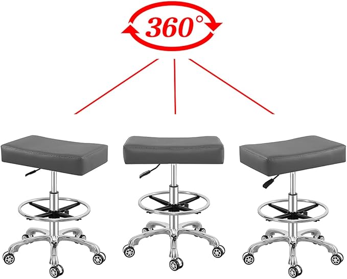 Antlu Adjustable Rolling Swivel Stool Chair for Massage Office Tattoo Kitchen, Work Stool with Wheels (Grey, with Foot Ring)