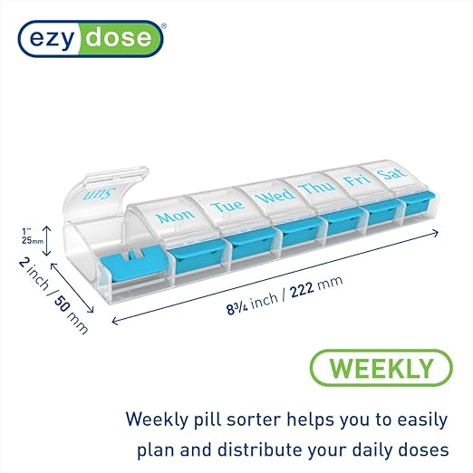 EZY DOSE Weekly (7-Day) AM/PM Daily Pill Organizer, Vitamin Case, and Medicine Container, X-Large Compartments, Arthritis Friendly, Convenient with Effortless Portability, Clear/Blue Lids, BPA Free