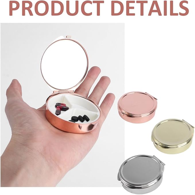 FRCOLOR Portable Round Pill Organizer with Mirror 3 Compartments Airtight Moisture Resistant Compact Medicine Storage Case for Travel and Daily Use
