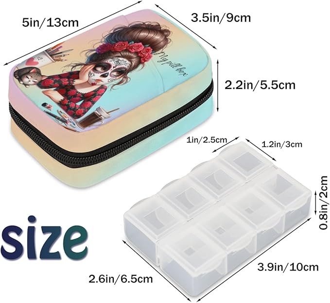 Red Rose Girl Skull Travel Pill Organizer Box Weekly Portable Pill Case Daily Pills 7 Day Small Birth Control Pills Container Removable Compartments for Medicine Vitamins Fish Oil