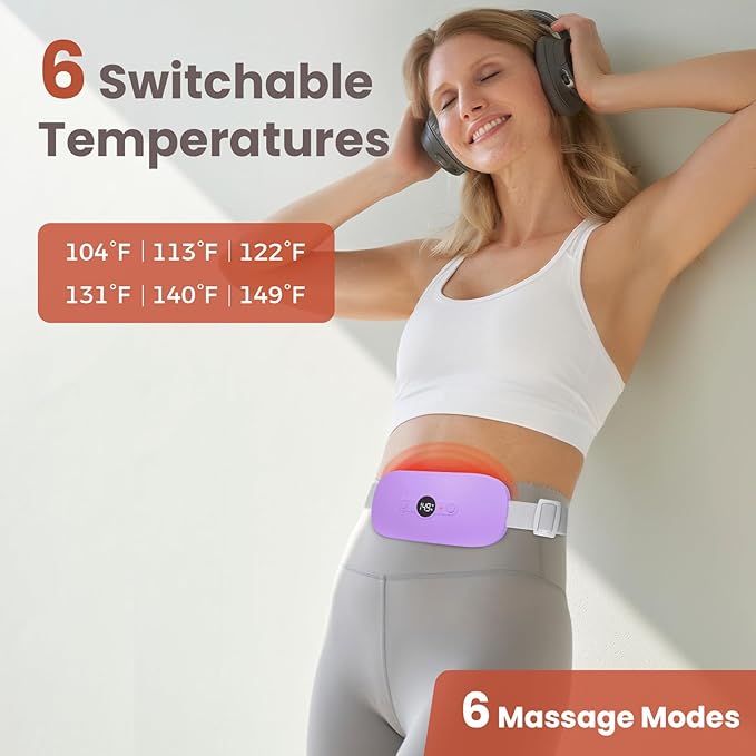 NOWWISH Heating Pad for Period Cramps Pain Relief, Portable Electric Cordless Menstrual Heating Pad Rechargeable with 6 Heat Levels and 6 Massage Modes, Christmas Gifts for Women Teen Girls, Purple