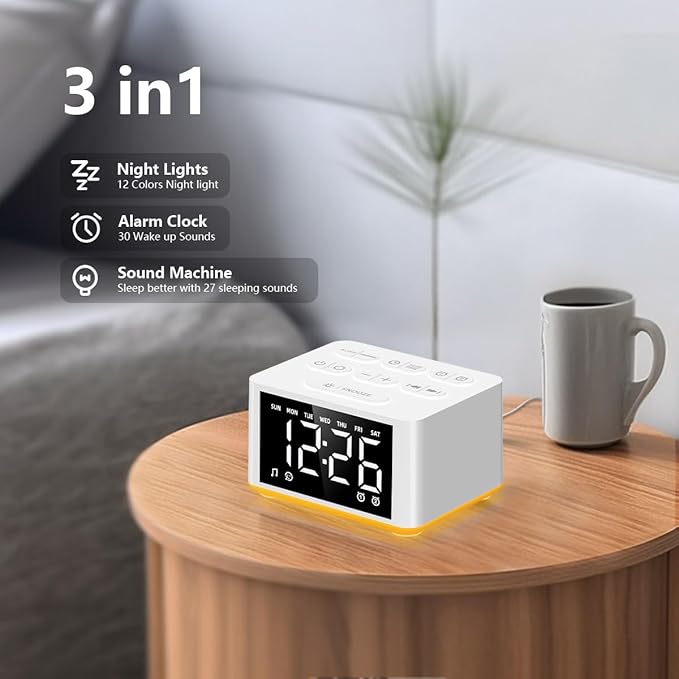 3-in-1 Sound Machine White Noise Machine Dual Alarms 12 Color Night Lights 30 Soothing Sounds 15 Wake Up Sounds 32 Volume for Baby Adults Kids Sleep Timer Memory Function Backup Battery Alarm Clock