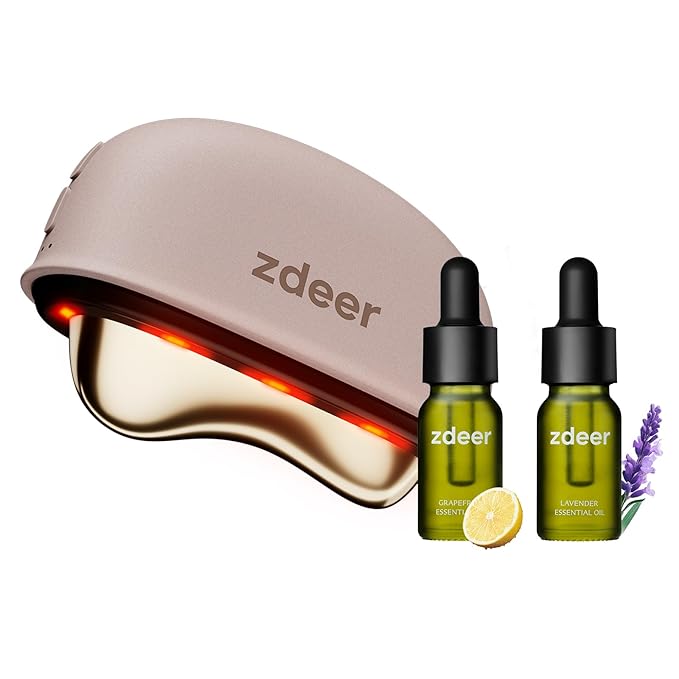 ZDEER LED Red Light Therapy Face & Neck Massager, Electric Heated Gua Sha Facial Sculpting Tool with Vibration, Skin Firming & Lifting Skincare Device, Pink, Includes 2 × 10ml Massage Oil