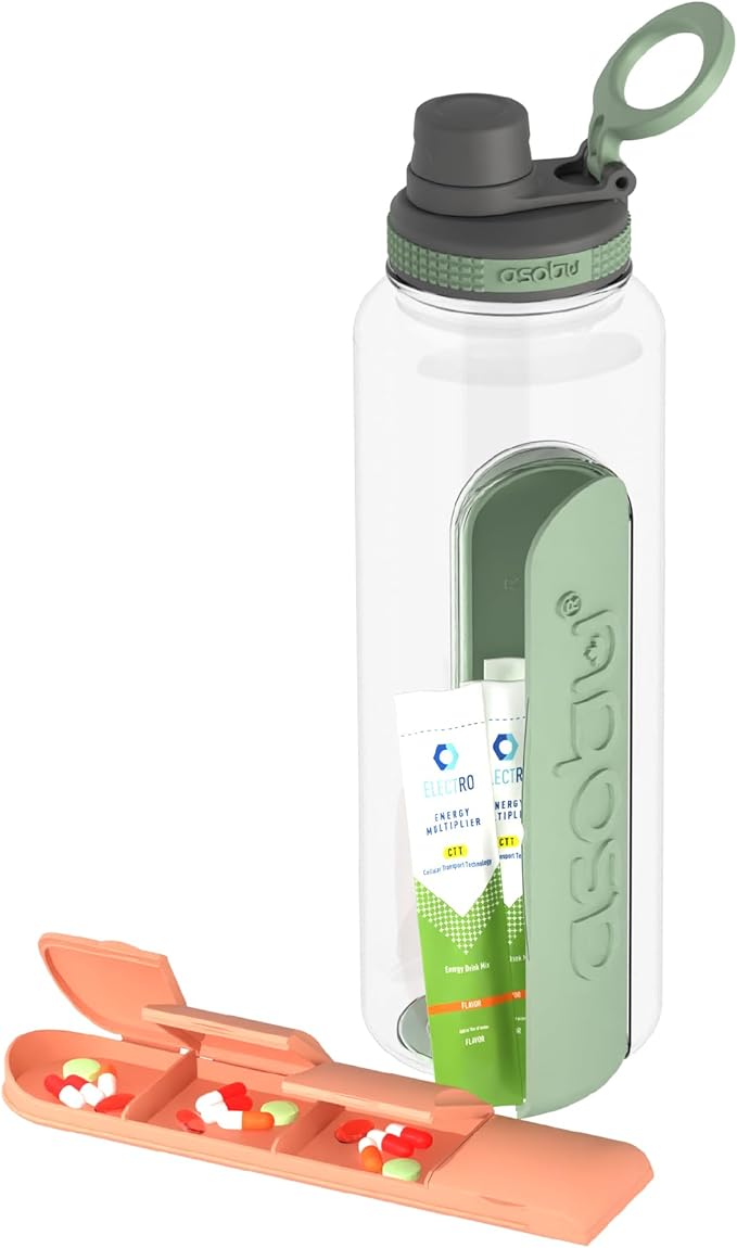 asobu Electrolyte Large Sports Water Bottle with Interchangeable Packet and Pill Storage Compartments Durable Tritan 40oz (Basil Green)