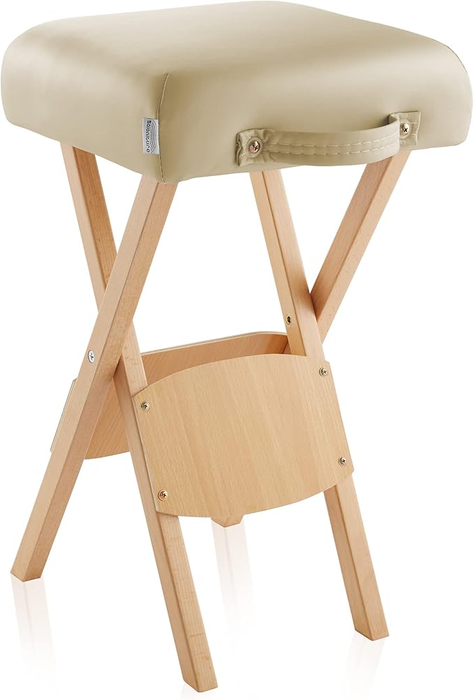 Saloniture Wood Folding Massage Stool with Carrying Case, Cream