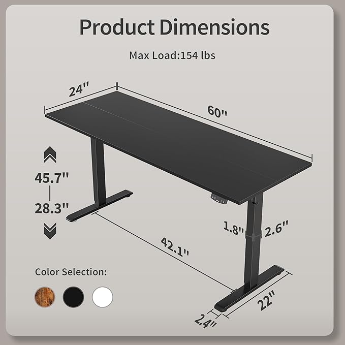 Agilestic Electric Standing Desk, 60 x 24 Inches Height Adjustable Desk, Sit Stand up for Work Office Home, Ergonomic Rising Computer Table with Memory Preset, Black