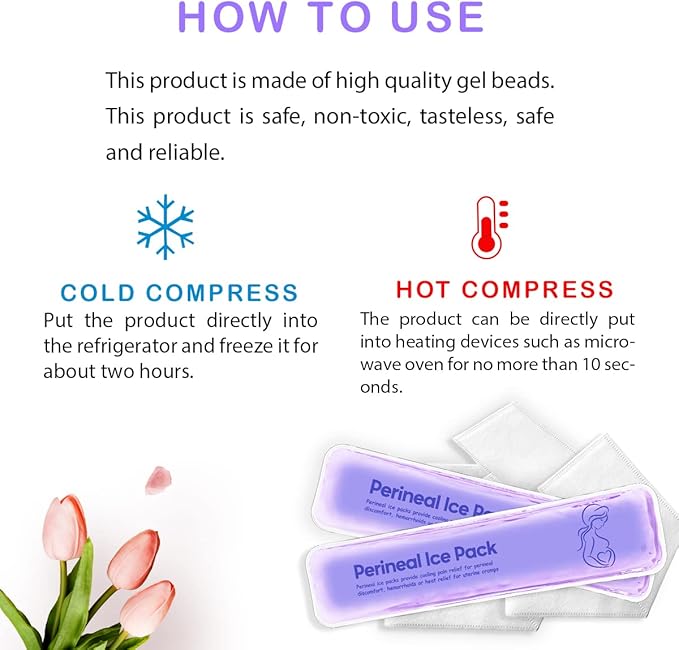Perineal Ice Packs for Postpartum Reusable, Perineal Cold Packs, Postpartum Hemorrhoid Pain Childbirth Recovery Care, 2 Gel Pads+5 Washable Sleeves (Purple)