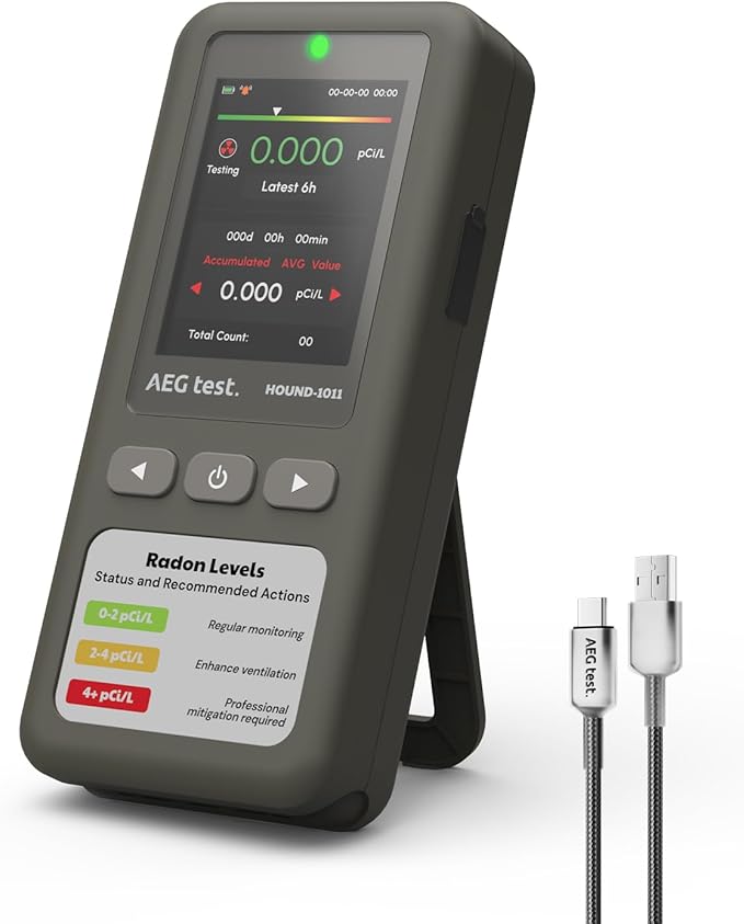 HOUND-1011 Portable Radon Detector for Home, Lightweight, High-Accuracy Sensor, 45-Day Monitoring, Easy-to-Use Radon Tester, Short- & Long-Term in pCi/L or Bq/m³ for Basement – Gray
