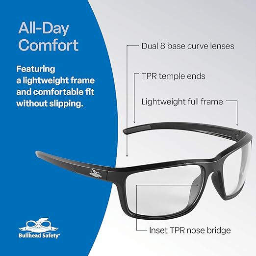 Bullhead Safety Eyewear Pompano Glasses - Anti-Fog, Lightweight, Impact/Scratch Resistant, UV Blocking Sunglasses for Cycling, Fishing, Driving, Clear/Matte Black