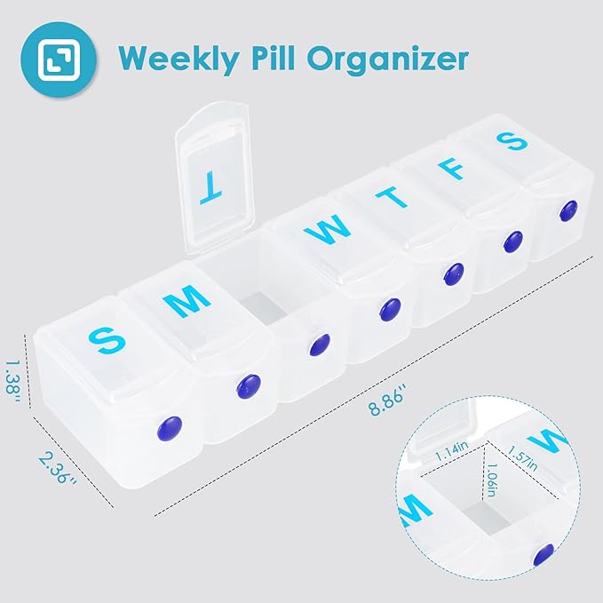 Extra Large Weekly Pill Organizer 1 Time a Day, Travel Pill Box 7 Day, Portable Pill Case with Push Button, Daily Pill Dispenser for Medication Vitamins Fish Oil Supplements
