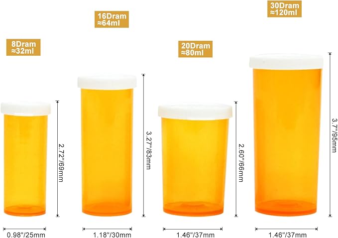 Medicine Bottles Snap Cap Prescription Vials, Easy Open Pill Organizers, Amber Empty with Plastic Caps (8 dram, 12pcs)